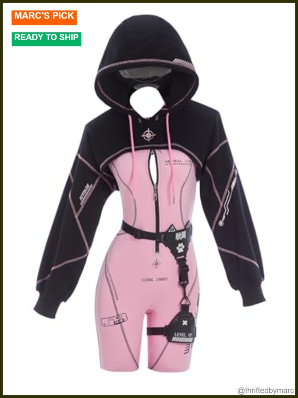Cyberpunk Long Sleeve Jumpsuit with Crop Top Hoodie
